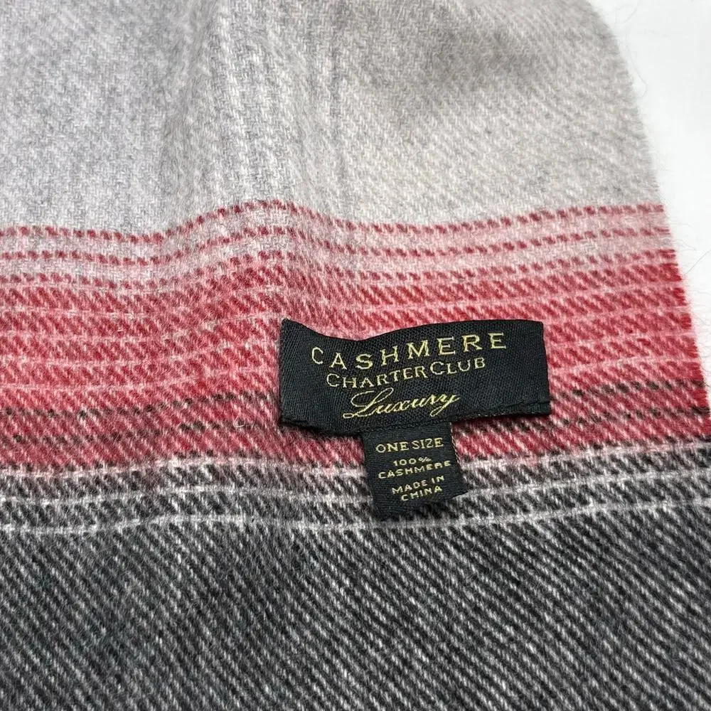 Charter Club Luxury 100% Cashmere Scarf Red Black Gray Plaid 10x63 Tassel Unisex